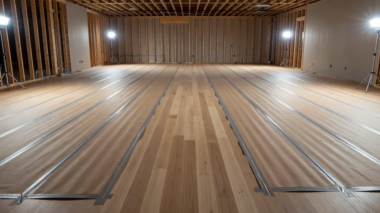 Newly installed hardwood floors covered with brown protective paper and taped at the seams.
