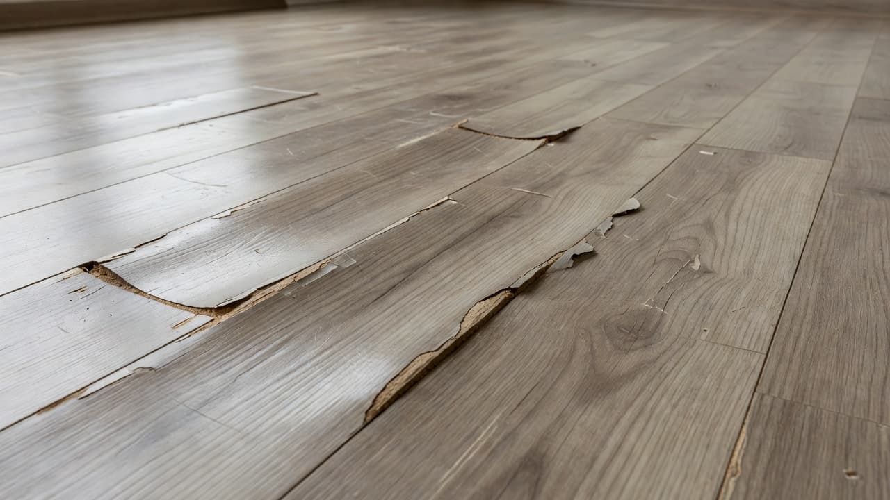 Close-up of damaged laminate flooring with peeling edges and visible swelling.