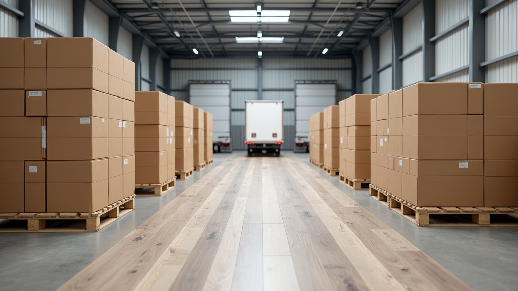 Pallets of domestically produced LVP flooring boxes ready for shipment