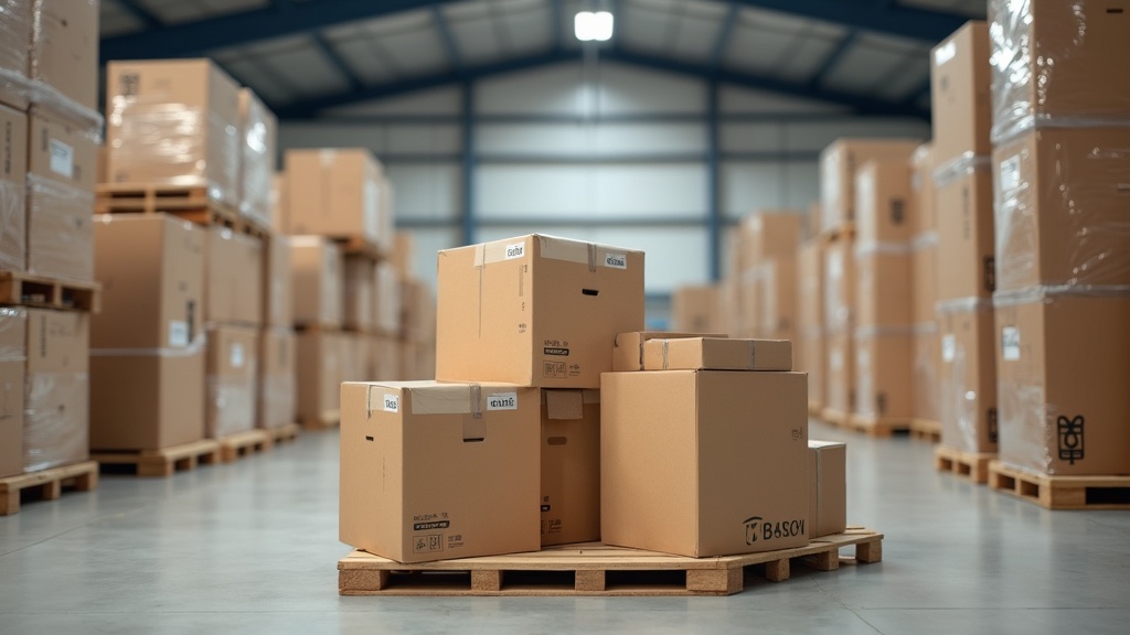 Flooring shipment boxes with recyclable packaging in distribution warehouse
