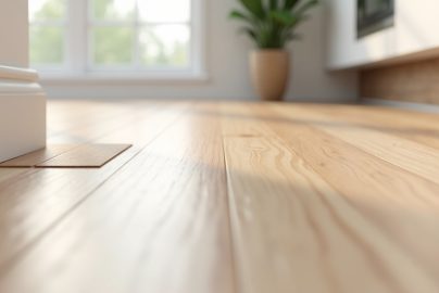Luxury vinyl plank flooring edge curling upward at the room perimeter near baseboard trim