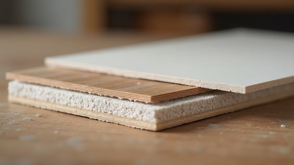 Cross-section of luxury vinyl tile showing fiberglass scrim stability layer