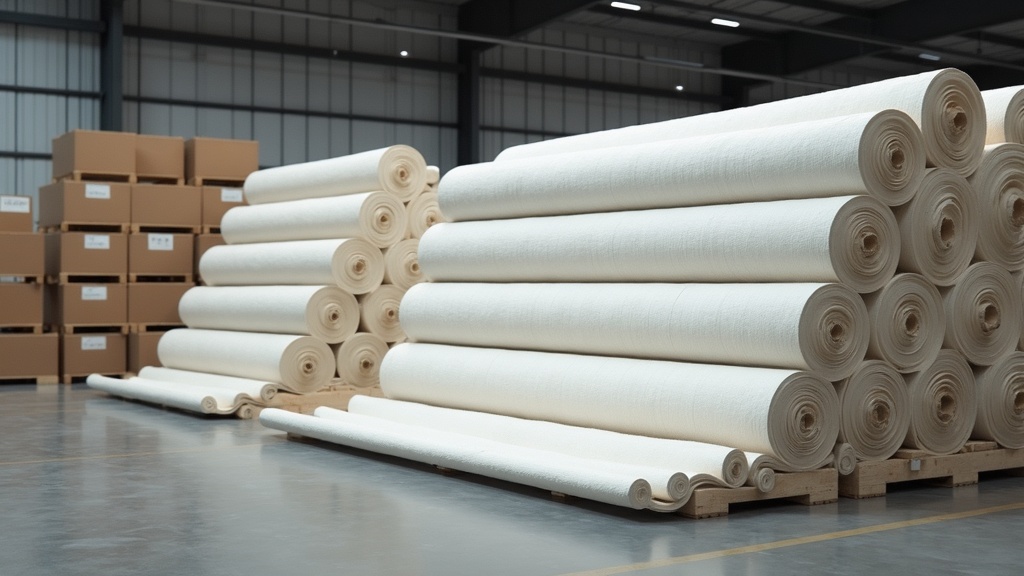 Rolls of fiberglass scrim material stored in LVT flooring factory warehouse