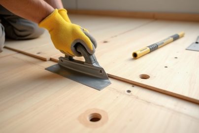 Repairing subfloor issues before tile installation with scraper and leveling tools on a plywood subfloor