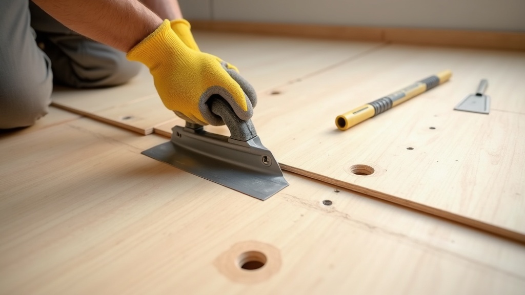 Repairing subfloor issues before tile installation with scraper and leveling tools on a plywood subfloor