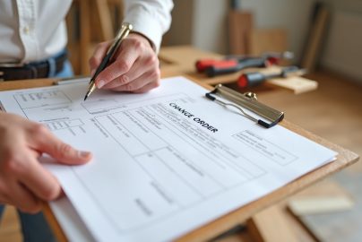Signing a flooring change order document on a clipboard at a job site
