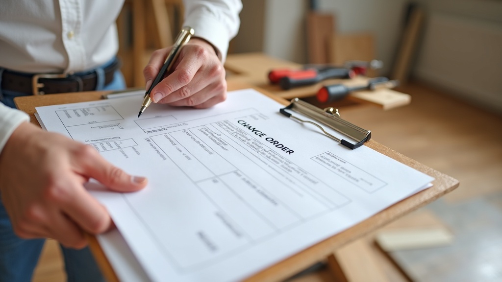 Signing a flooring change order document on a clipboard at a job site