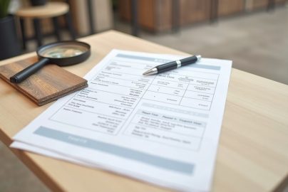 Reading a flooring data sheet with specifications next to a vinyl flooring sample