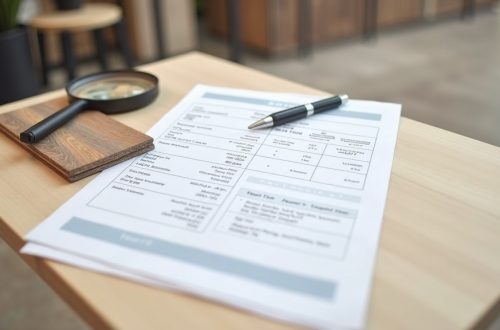 Reading a flooring data sheet with specifications next to a vinyl flooring sample