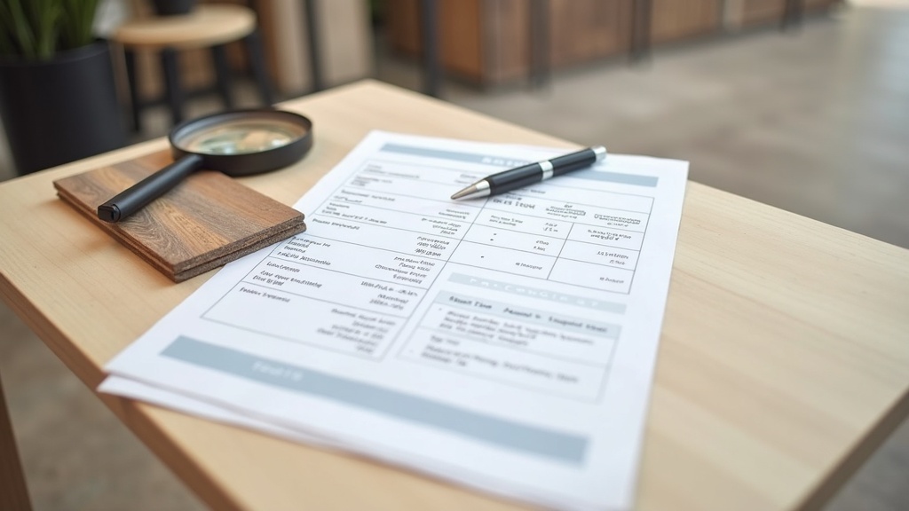 Reading a flooring data sheet with specifications next to a vinyl flooring sample