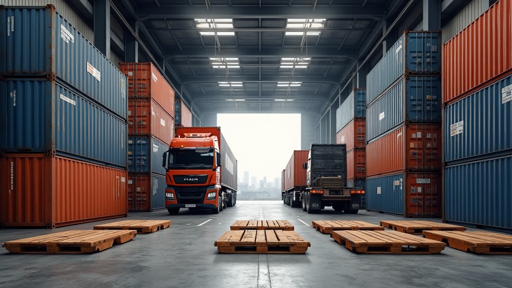 Shipping containers and flooring pallets at industrial port dockyard