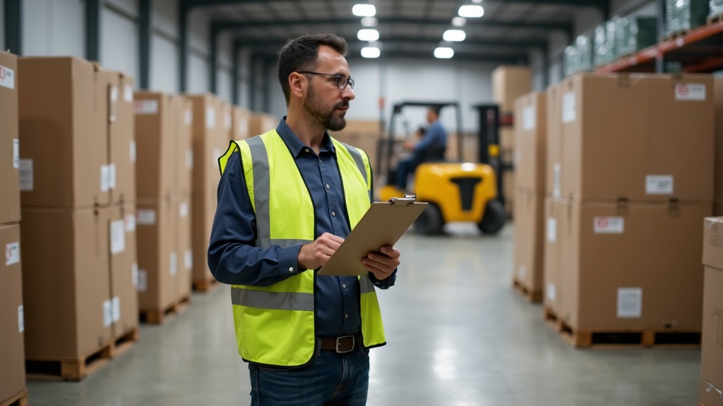 Warehouse worker reviewing imported vinyl flooring shipment pallets