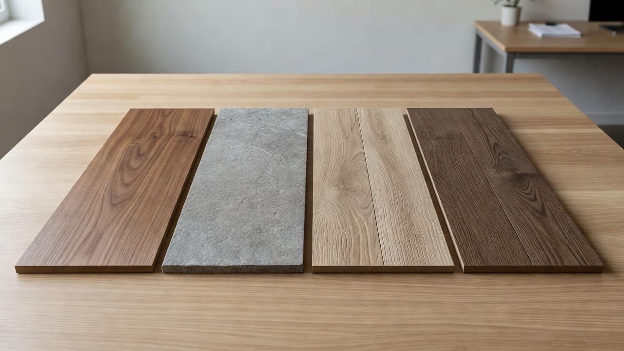 An organized collection of flooring samples is displayed on a clean wooden table. Wood planks, stone tiles, and vinyl sections are laid out side-by-side to highlight distinct textures and patterns.