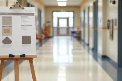 Flooring mockup sample board with material swatches for schools and healthcare facility checklist