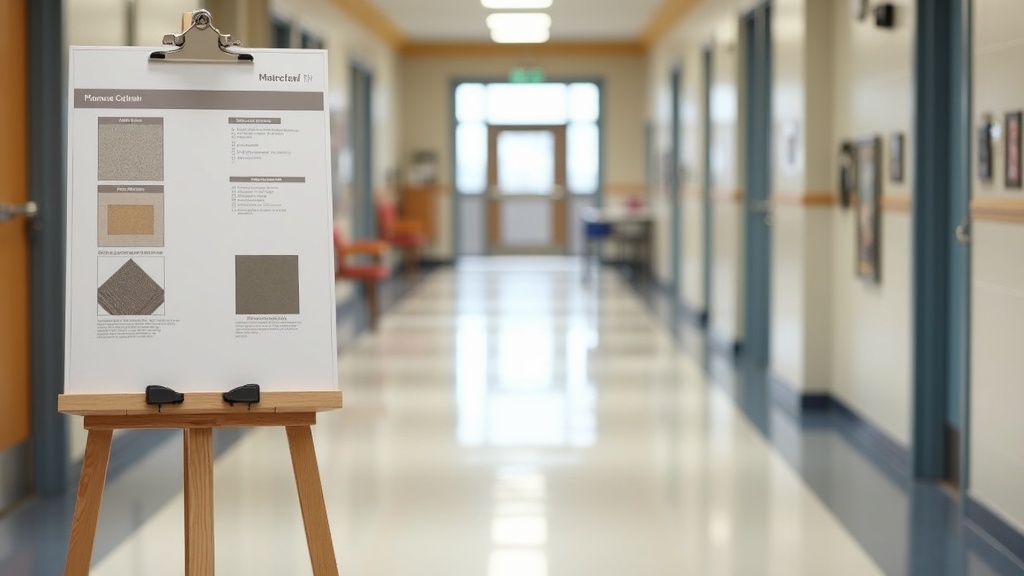 Flooring mockup sample board with material swatches for schools and healthcare facility checklist