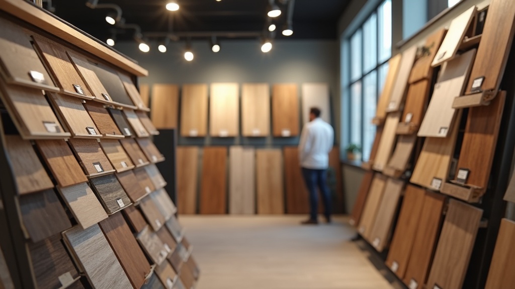 Flooring showroom display wall with priced wood and vinyl samples