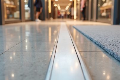 Flooring threshold profile transition between tile and carpet in a retail store entrance