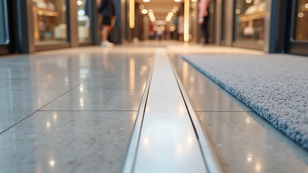 Flooring threshold profile transition between tile and carpet in a retail store entrance
