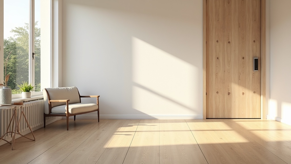 Modern living room with warm-toned wide-plank flooring and natural light