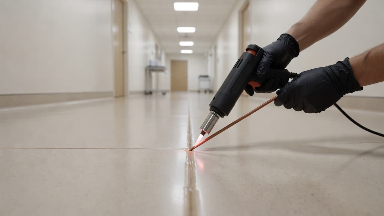 A close-up perspective captures a heat-welding gun melting a colored plastic rod into the gap between two gray commercial vinyl floor sheets. The clinical hallway features clean, bright, professional lighting.