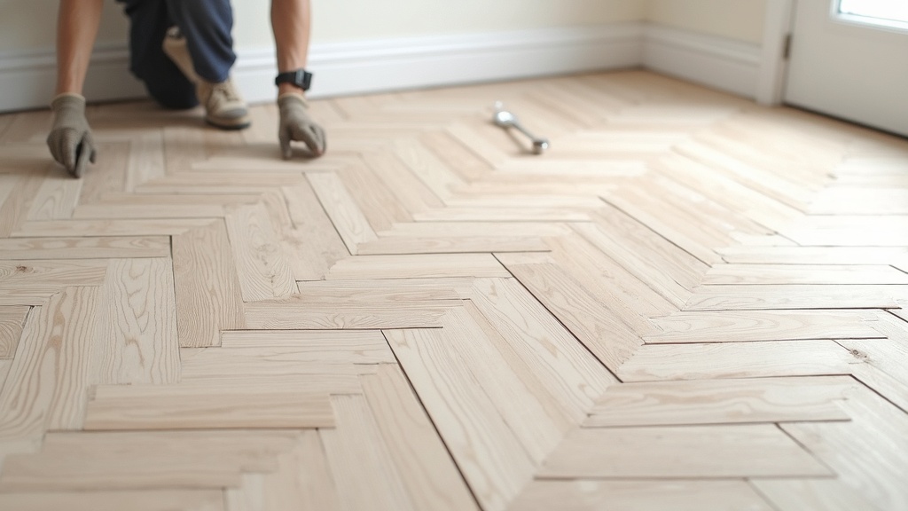 Herringbone pattern click-lock LVP flooring installation in progress