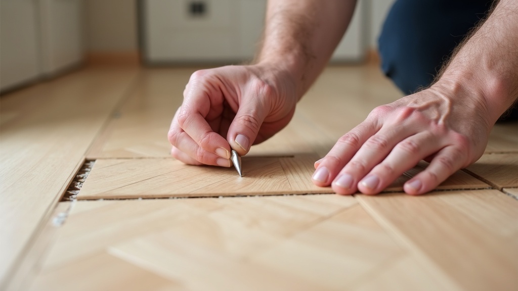 Close-up of tongue and groove connection in herringbone LVP flooring