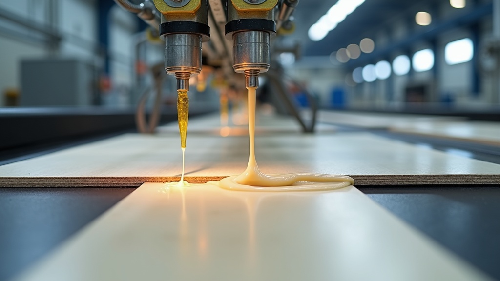 Hot melt PUR adhesive application on laminate flooring production line