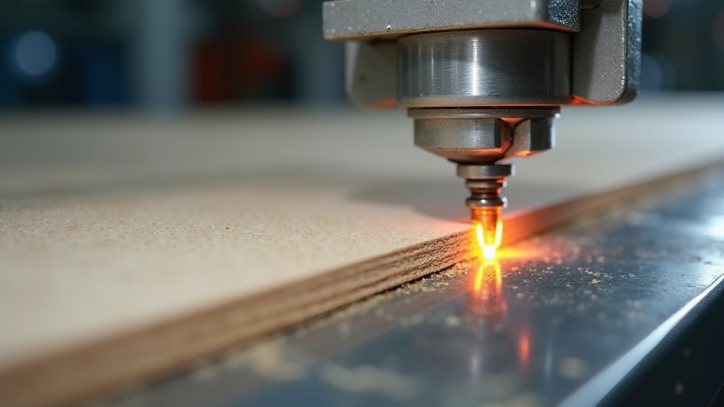Close-up of hot melt adhesive bead on LVP core board during manufacturing