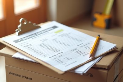 Flooring contractor pricing worksheet with calculator and materials on a job site, illustrating how to price a flooring job