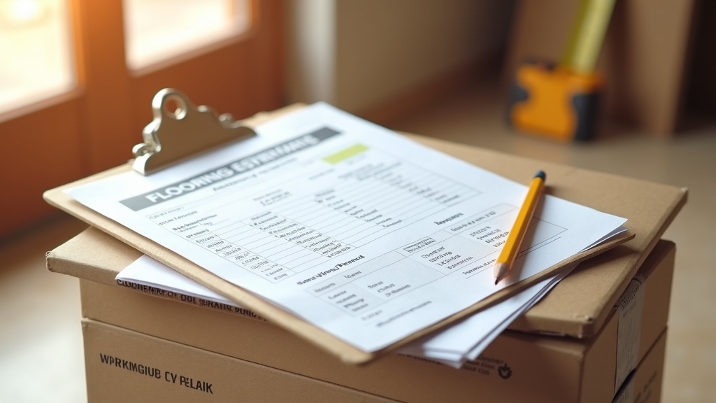 Flooring contractor pricing worksheet with calculator and materials on a job site, illustrating how to price a flooring job