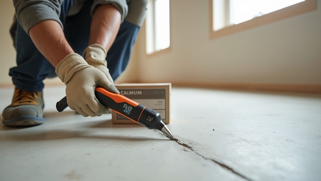 Testing subfloor moisture levels with a moisture meter before LVP flooring installation