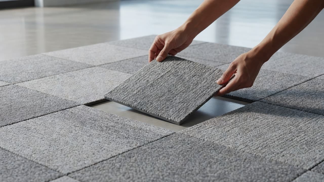 A close-up view shows a person's hands precisely positioning a new square carpet tile into an existing floor grid. The surrounding floor surface remains clean and tidy within a professional office.
