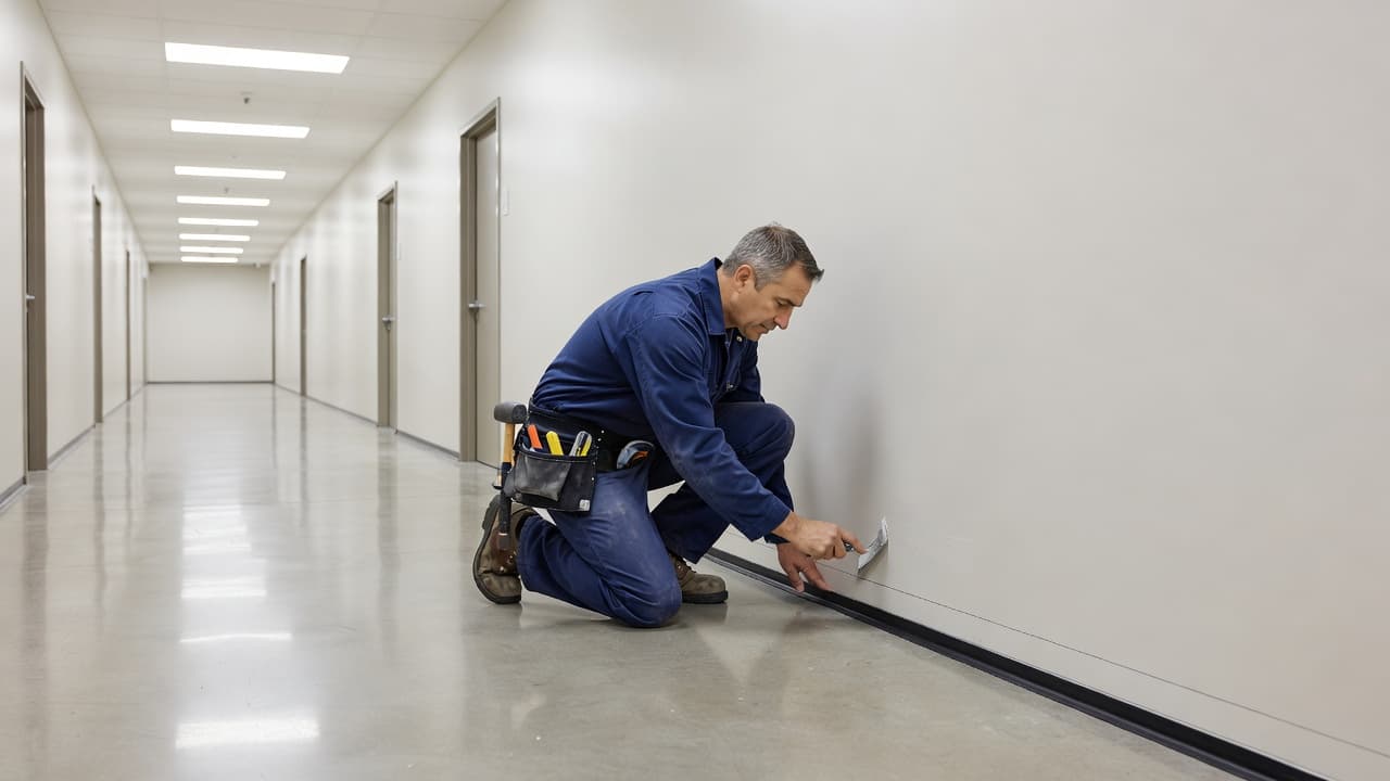 A focused worker in professional attire carefully adheres black rubber base molding along the base of a sterile, light-colored hallway wall. Tools for precise cutting and bonding rest near the floor.