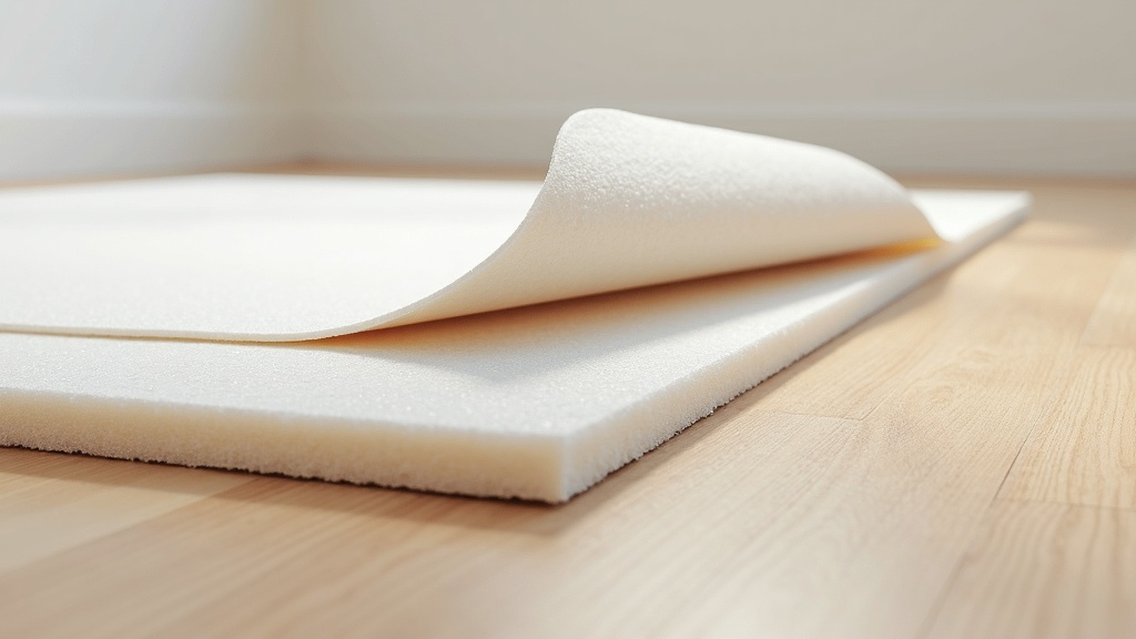 Cross-section of LVP flooring plank with attached IXPE foam underlayment pad