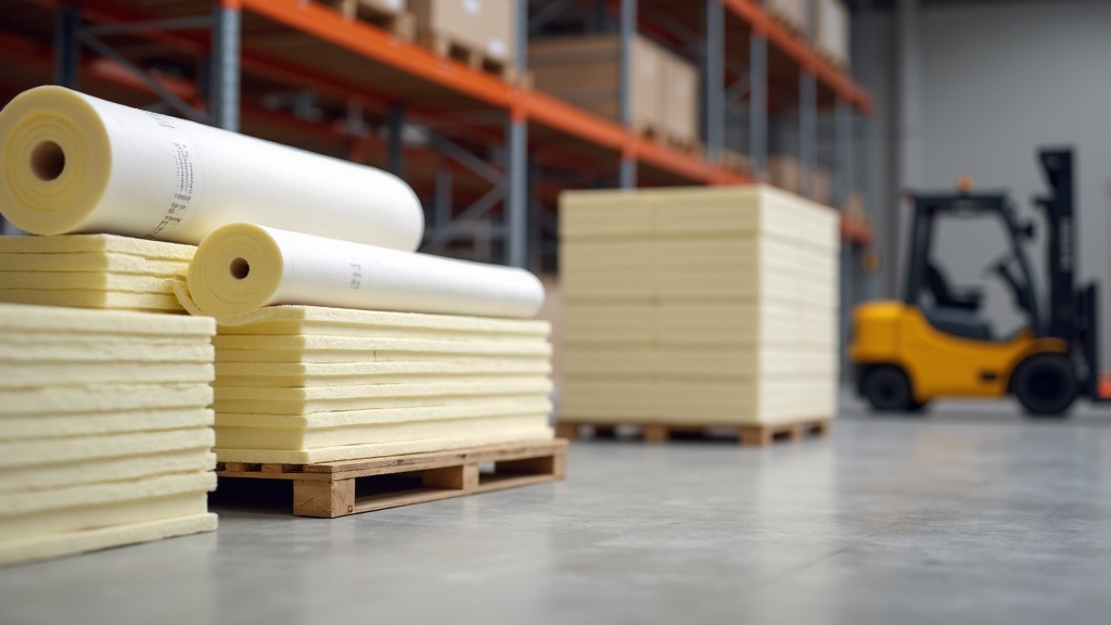 Warehouse stock of IXPE underlayment rolls and luxury vinyl plank flooring boxes