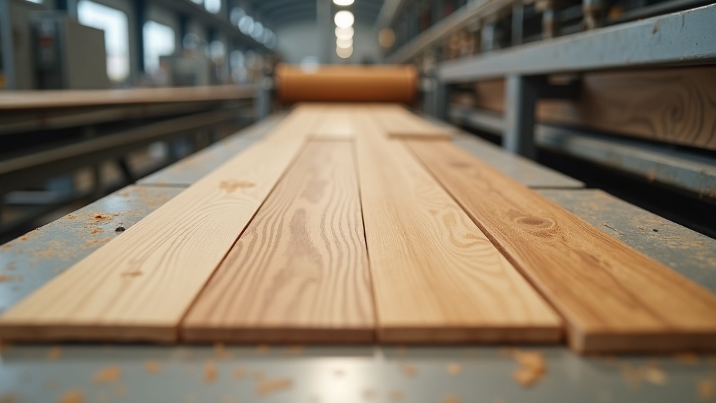 Laminate flooring factory line applying wax coating to plank edges
