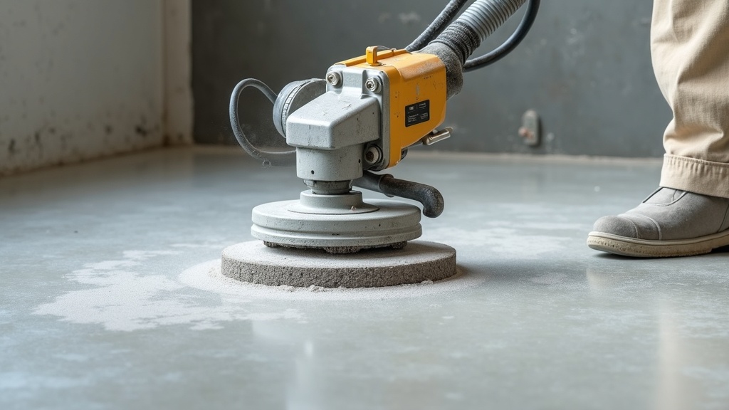 Concrete grinder leveling high spots before LVP flooring installation