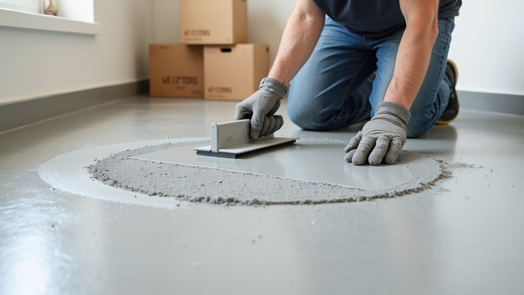 Self-leveling compound being applied to low spot on concrete subfloor