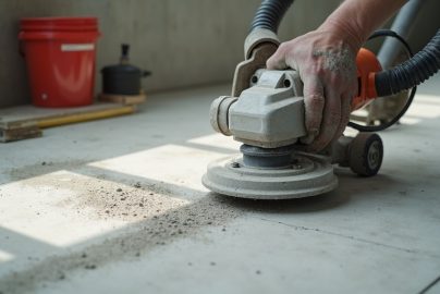 Grinding high spots on uneven concrete slab to prepare flatness for LVP flooring installation