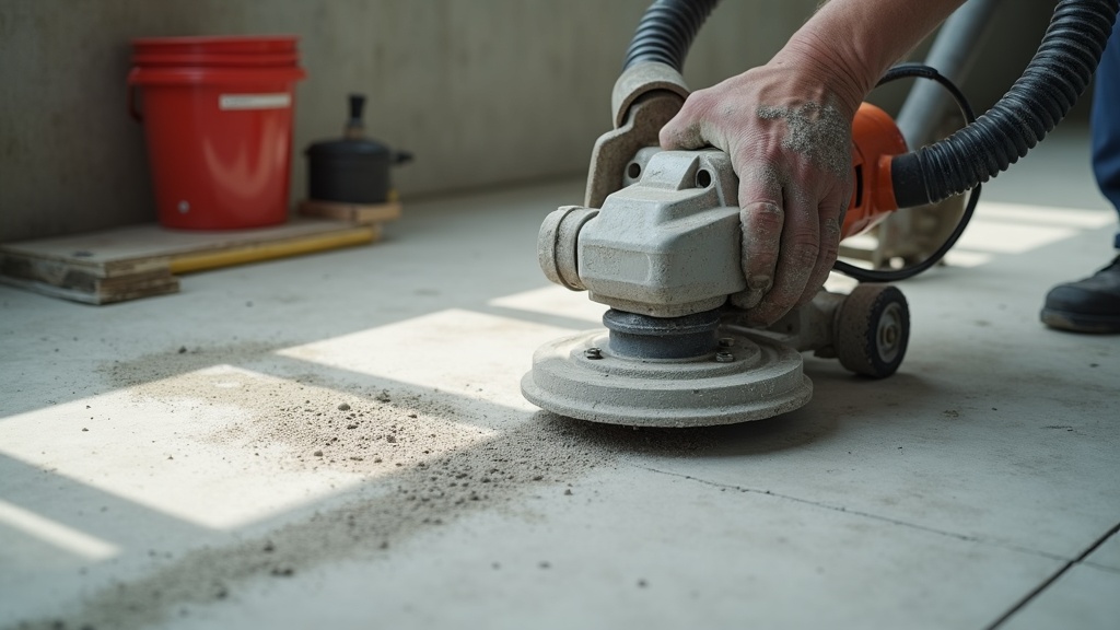 Grinding high spots on uneven concrete slab to prepare flatness for LVP flooring installation