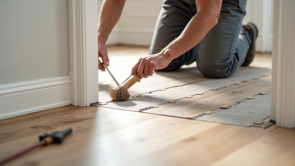 Installer maintaining expansion gaps during click-lock LVP installation near doorway