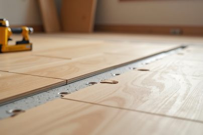 Click-lock LVP installation over plywood subfloor with fastener schedule and seam patching