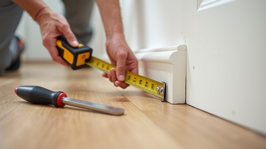 Installer measuring the expansion gap at the perimeter of a click-lock LVP floor after removing baseboard
