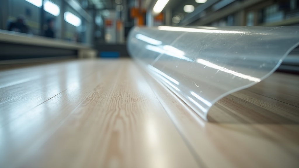 Clear wear layer film application on vinyl flooring production line