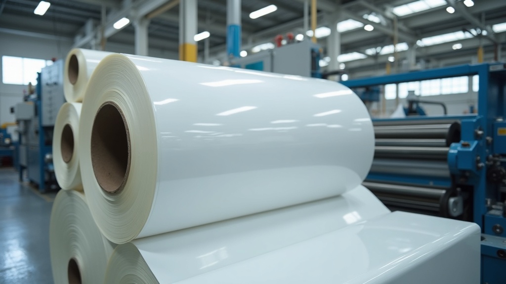 Rolls of wear layer film stored near LVT manufacturing equipment