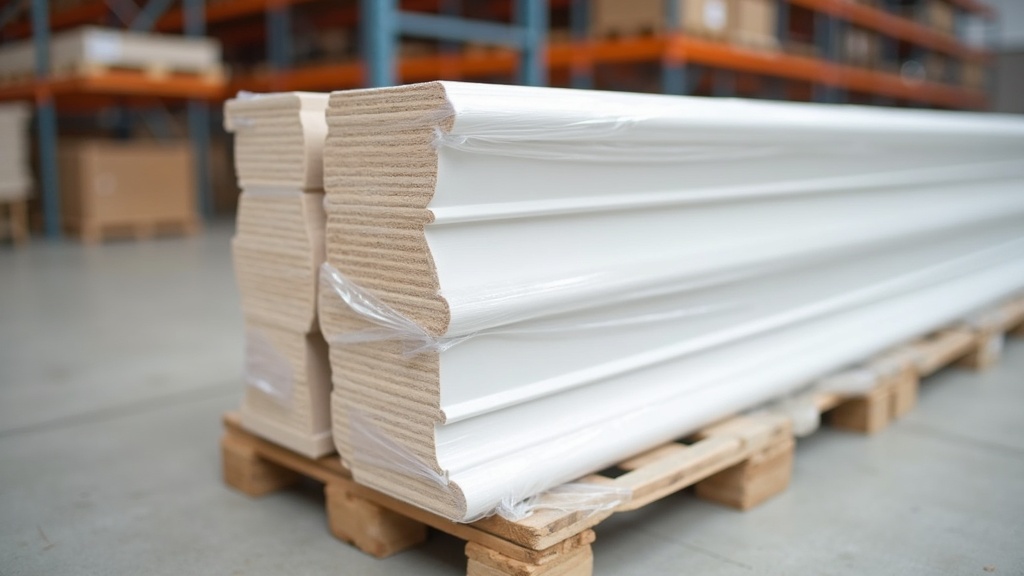 Stacked MDF wrapped baseboard molding in a flooring supply warehouse