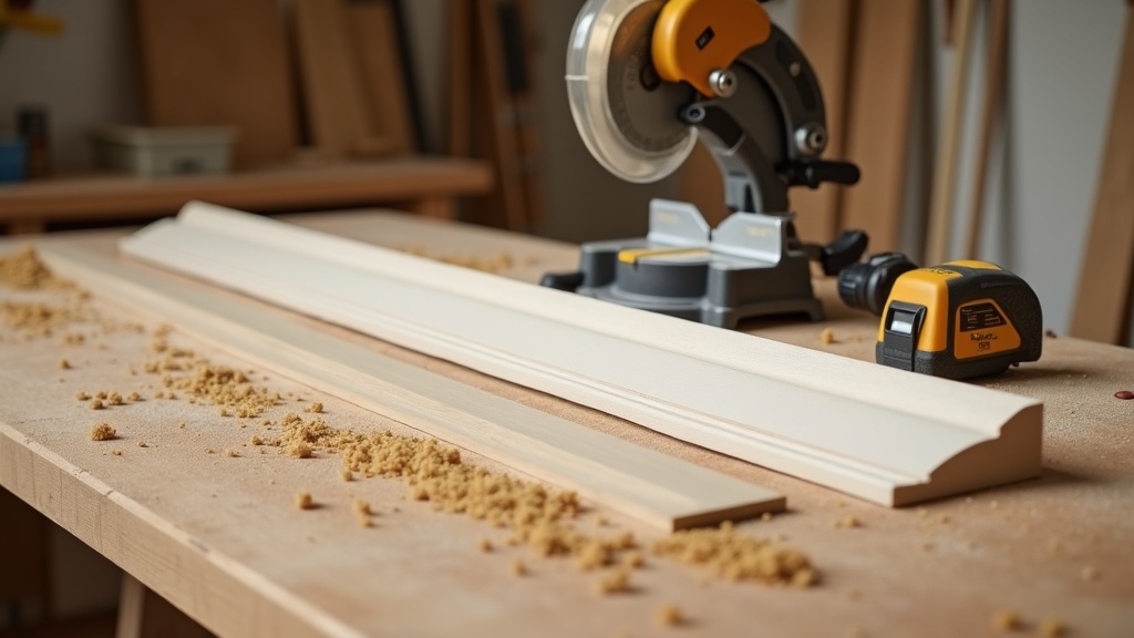 Workshop table with MDF wrapped molding pieces being prepared for installation