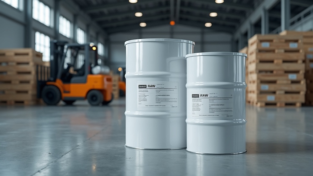 Polyurethane raw material drums in flooring manufacturing warehouse