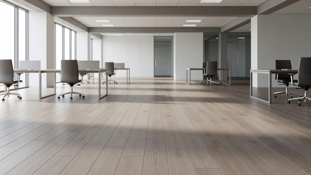 A professional office area featuring modern luxury vinyl flooring with bright natural light.