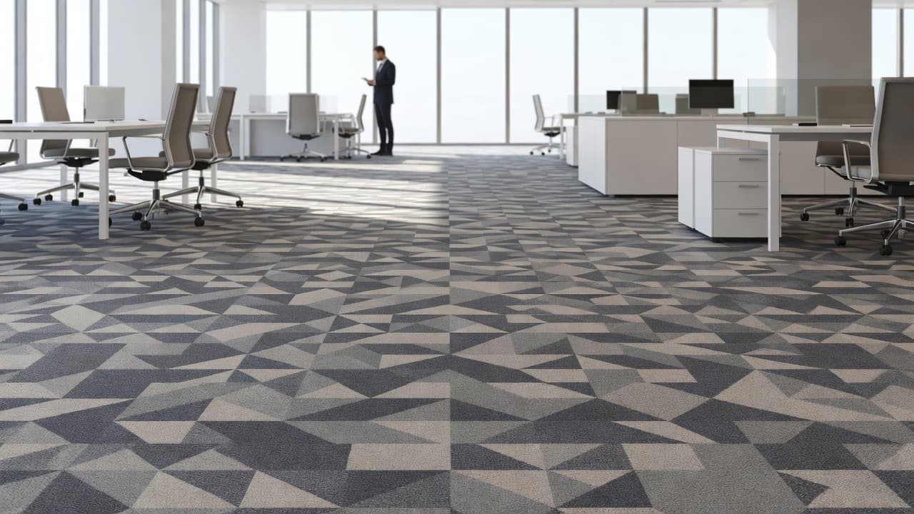 A spacious office interior features light gray carpet tiles with subtle geometric patterns spanning the floor. Large windows flood the organized workspace with bright natural light, revealing a distant blurred colleague.